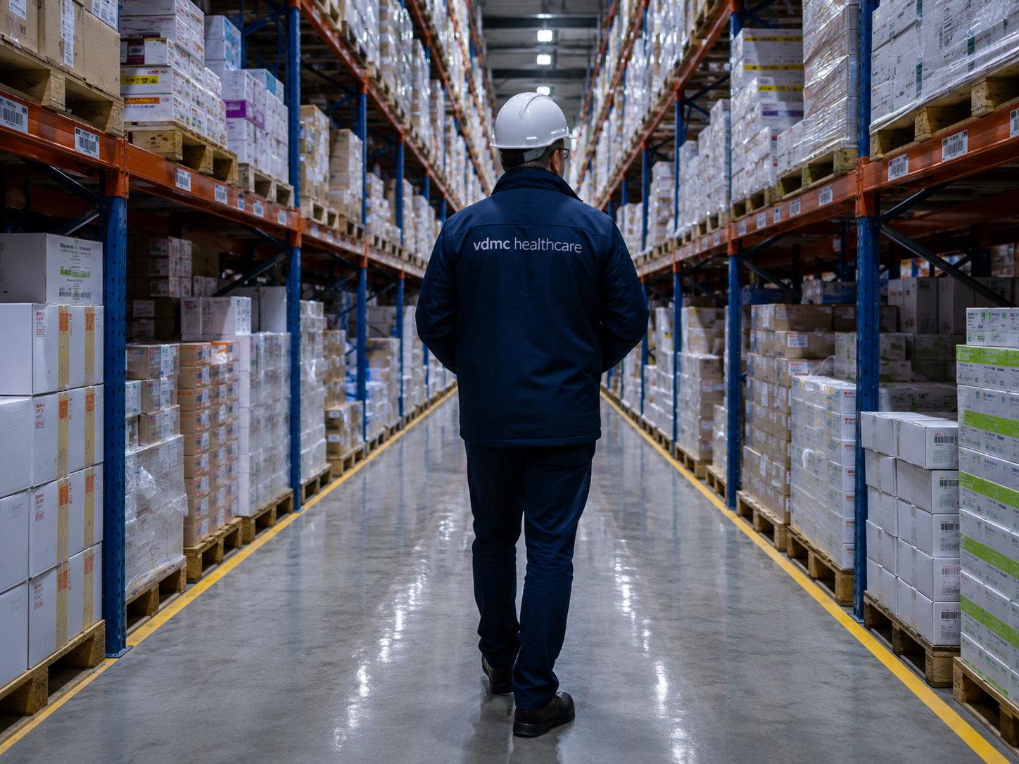 Colaborador de VDMC Healthcare recorriendo el almacén farmacéutico