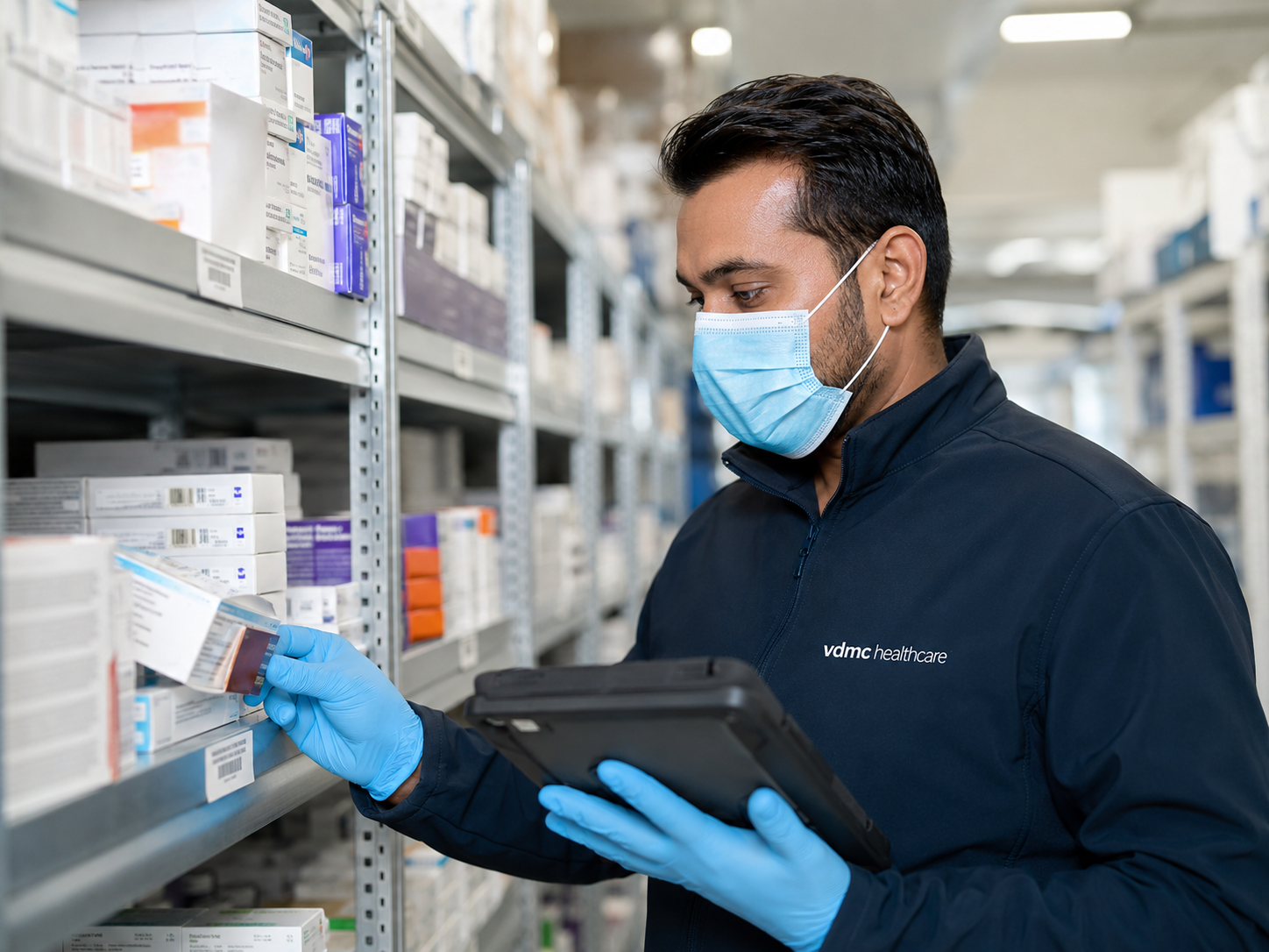 Personal de VDMC Healthcare verificando inventario de medicamentos con tablet